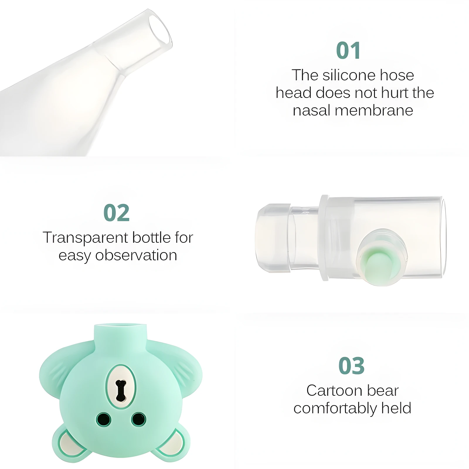 Extractor nasal bebé oso menta: cabezal silicona suave, botella transparente y diseño ergonómico para fácil succión.