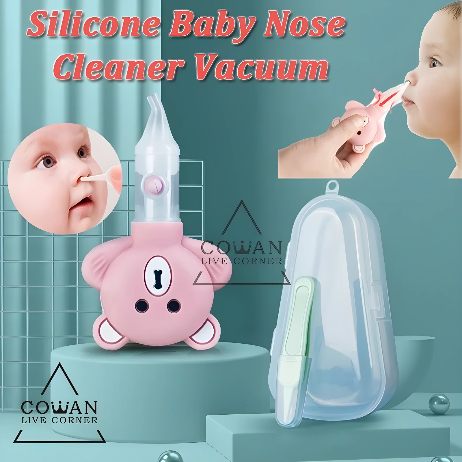 Extractor nasal de succión para bebé con cuerpo rosado en forma de oso, boquilla de silicona y estuche protector.