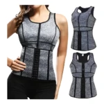 Chaleco térmico de compresión gris jaspeado con cremallera frontal y doble cierre de ganchos para entrenamiento.