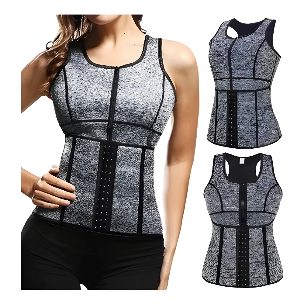 Chaleco térmico de compresión gris jaspeado con cremallera frontal y doble cierre de ganchos para entrenamiento.