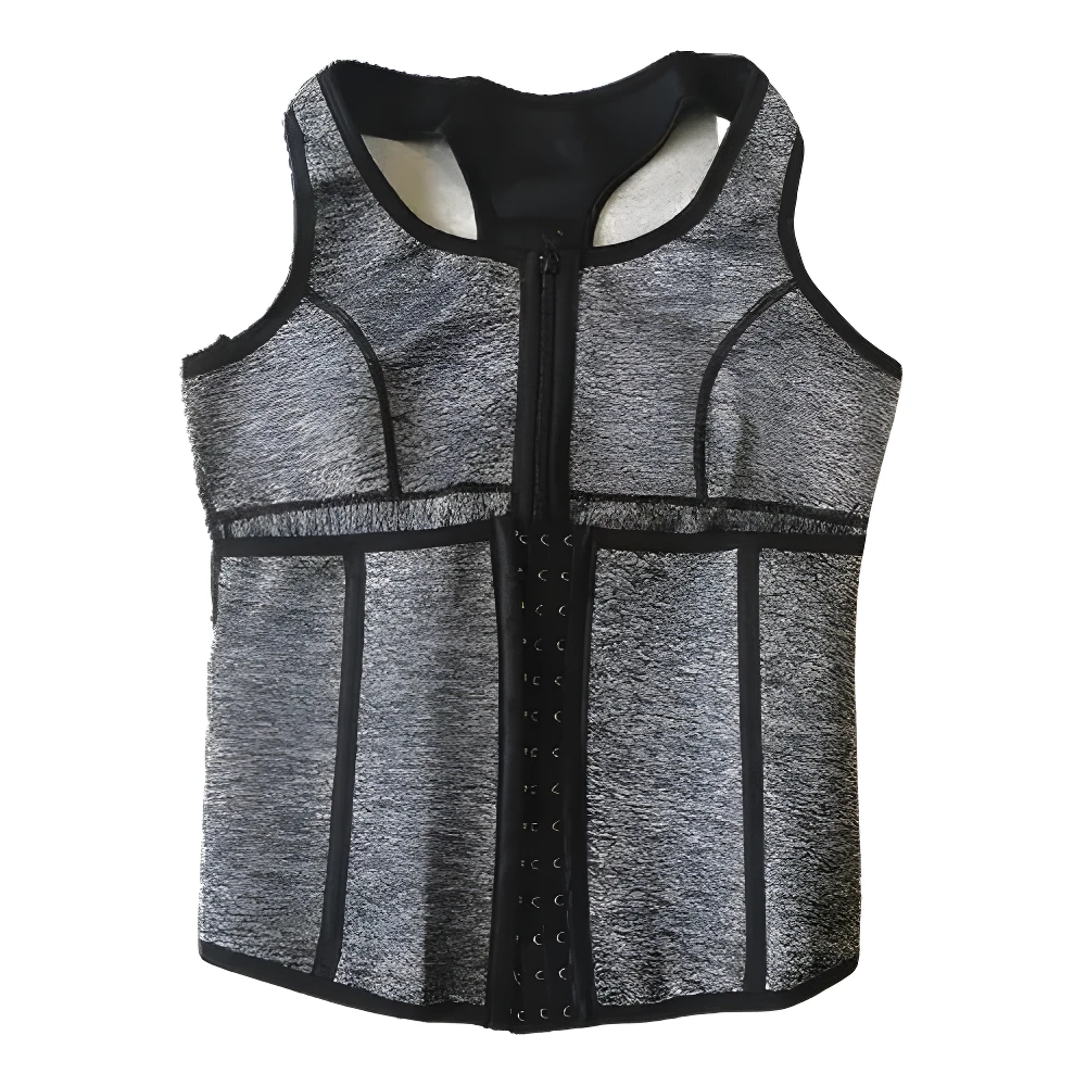 Chaleco térmico unisex gris plata, texturizado, cierre frontal con cremallera y ganchos para compresión y quema de grasa.