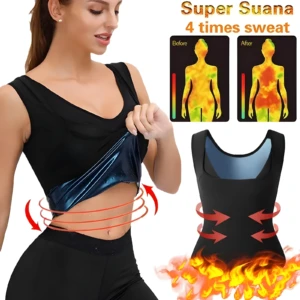 Faja sauna negra para mujer, muestra efecto sudoración y moldeado abdominal, ideal para entrenar.