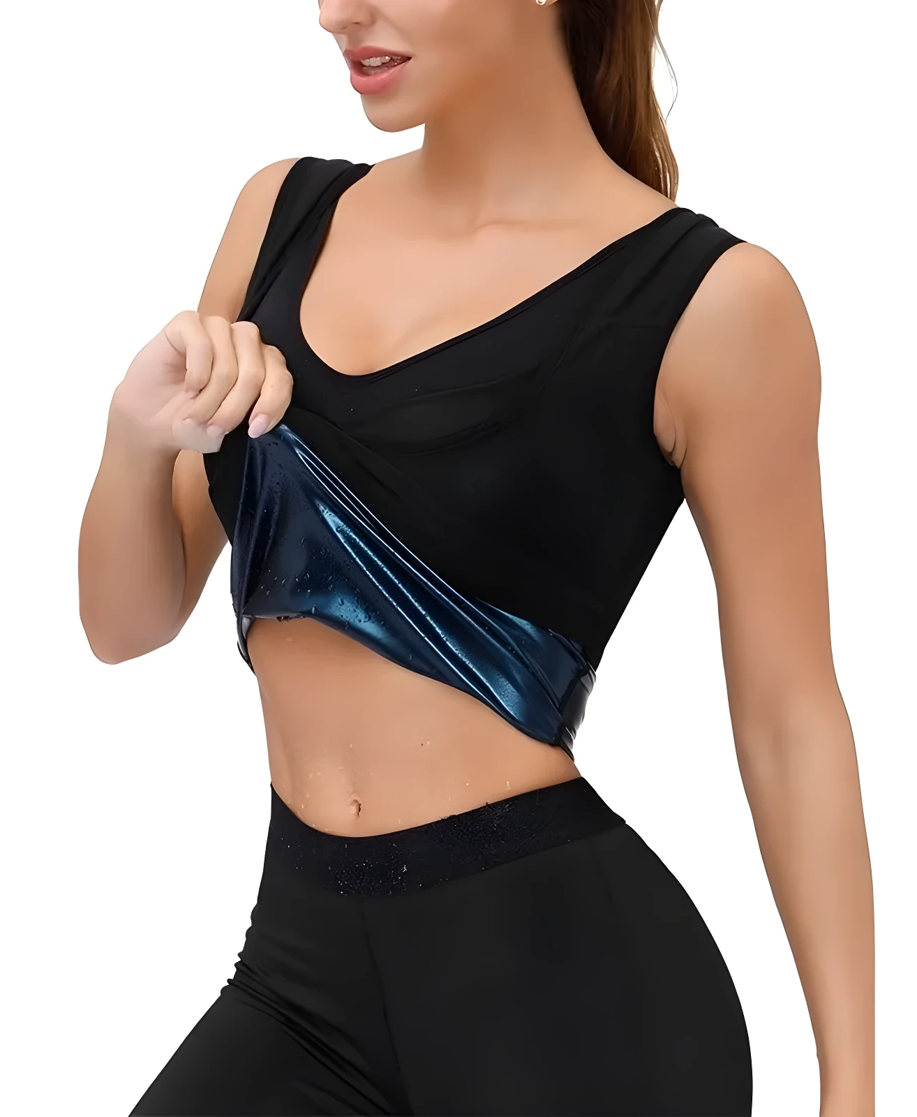 Mujer mostrando faja sauna abdominal negra con interior azul brillante que promueve la sudoración.