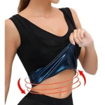 Mujer con faja sauna negra de sudoración abdominal, muestra efecto moldeador de cintura.