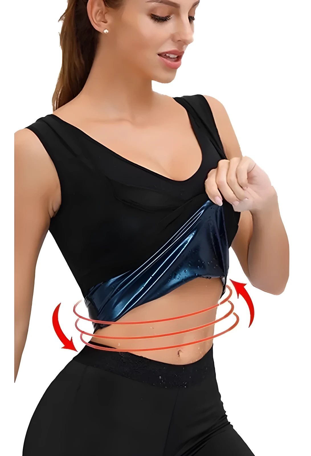 Mujer con faja sauna negra de sudoración abdominal, muestra efecto moldeador de cintura.