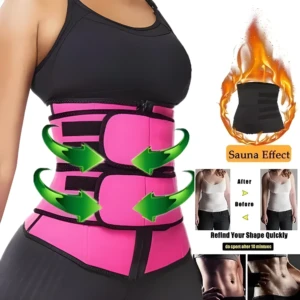 Faja reductora efecto sauna color rosa, ideal para maximizar sudoración y moldear abdomen mientras se practica deporte.