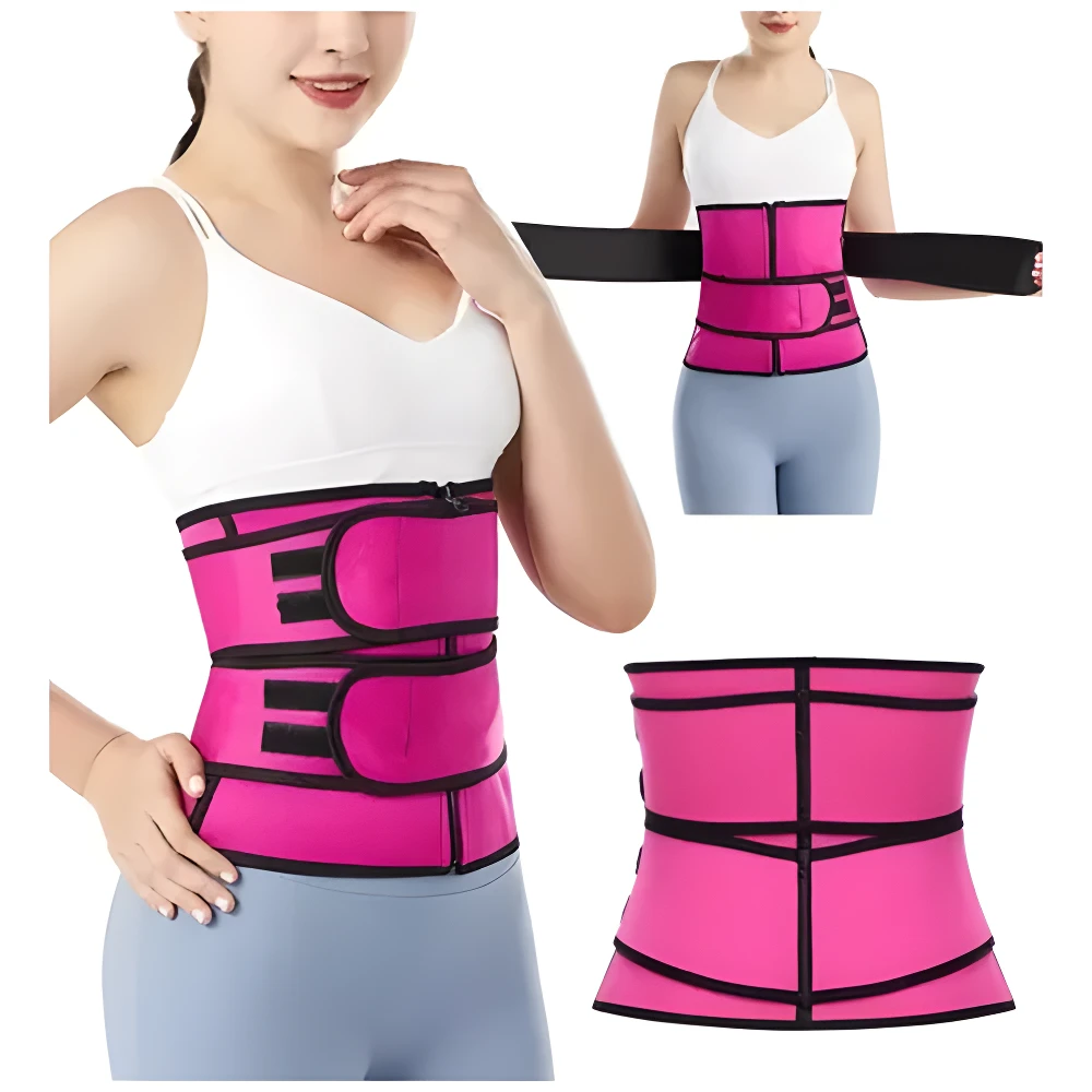 Faja cinturilla reductora efecto sauna rosa con cierres de velcro y cremallera.