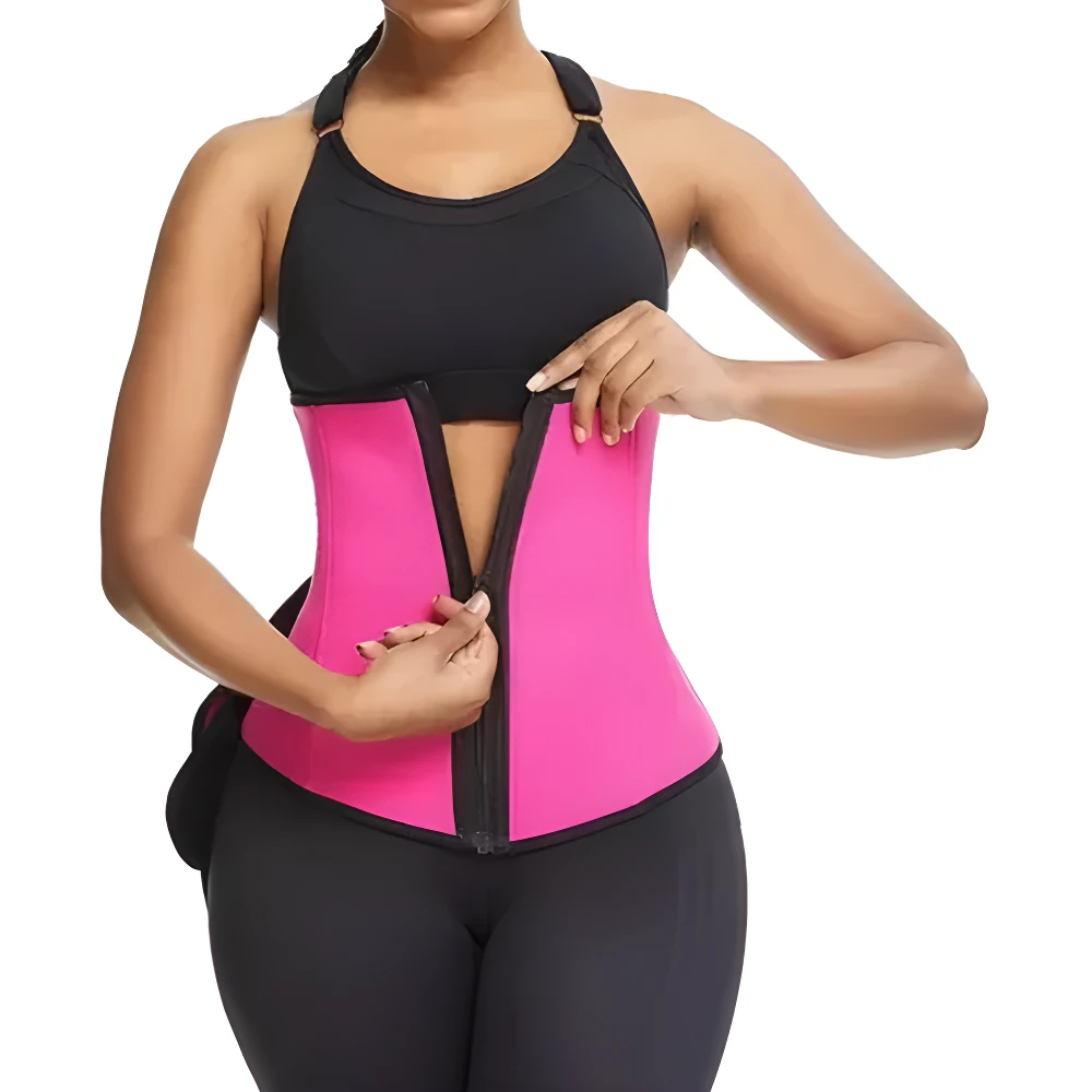 Faja cinturilla reductora efecto sauna rosa, cremallera frontal, para maximizar sudoración y moldear abdomen.