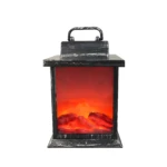 Farol lámpara vintage negro con efecto llama realista, luz cálida decorativa.
