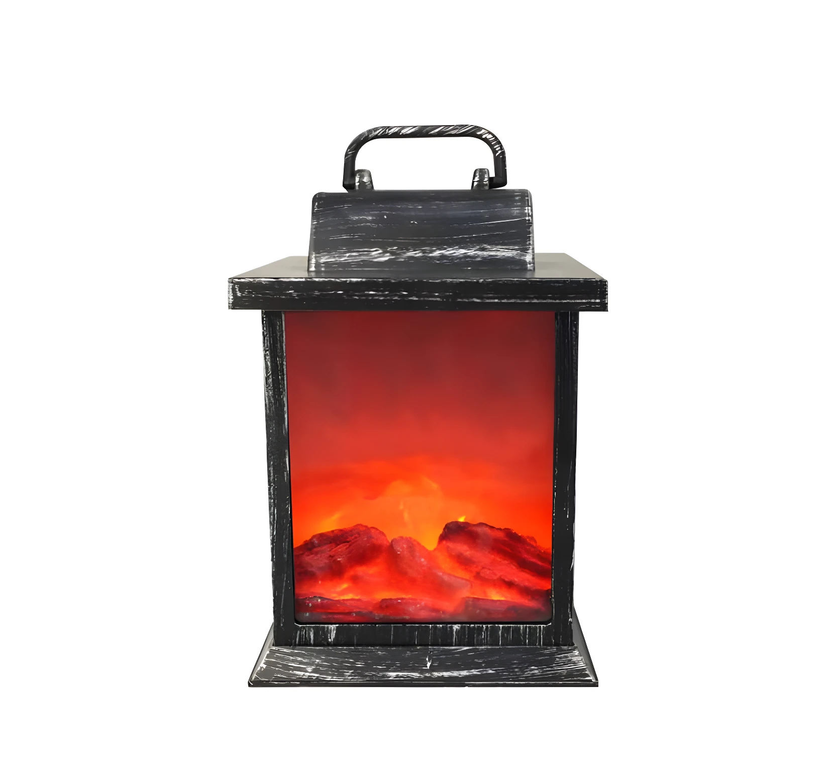 Farol lámpara vintage negro con efecto llama realista, luz cálida decorativa.