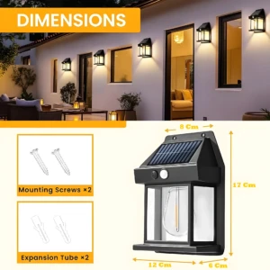 Farol solar exterior negro con sensor de movimiento. Muestra dimensiones y accesorios de montaje.