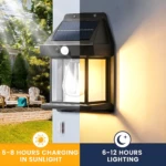 Farol solar de pared exterior negro, ilumina tu jardín con luz cálida por 6-12 horas, carga en 5-8h de sol.