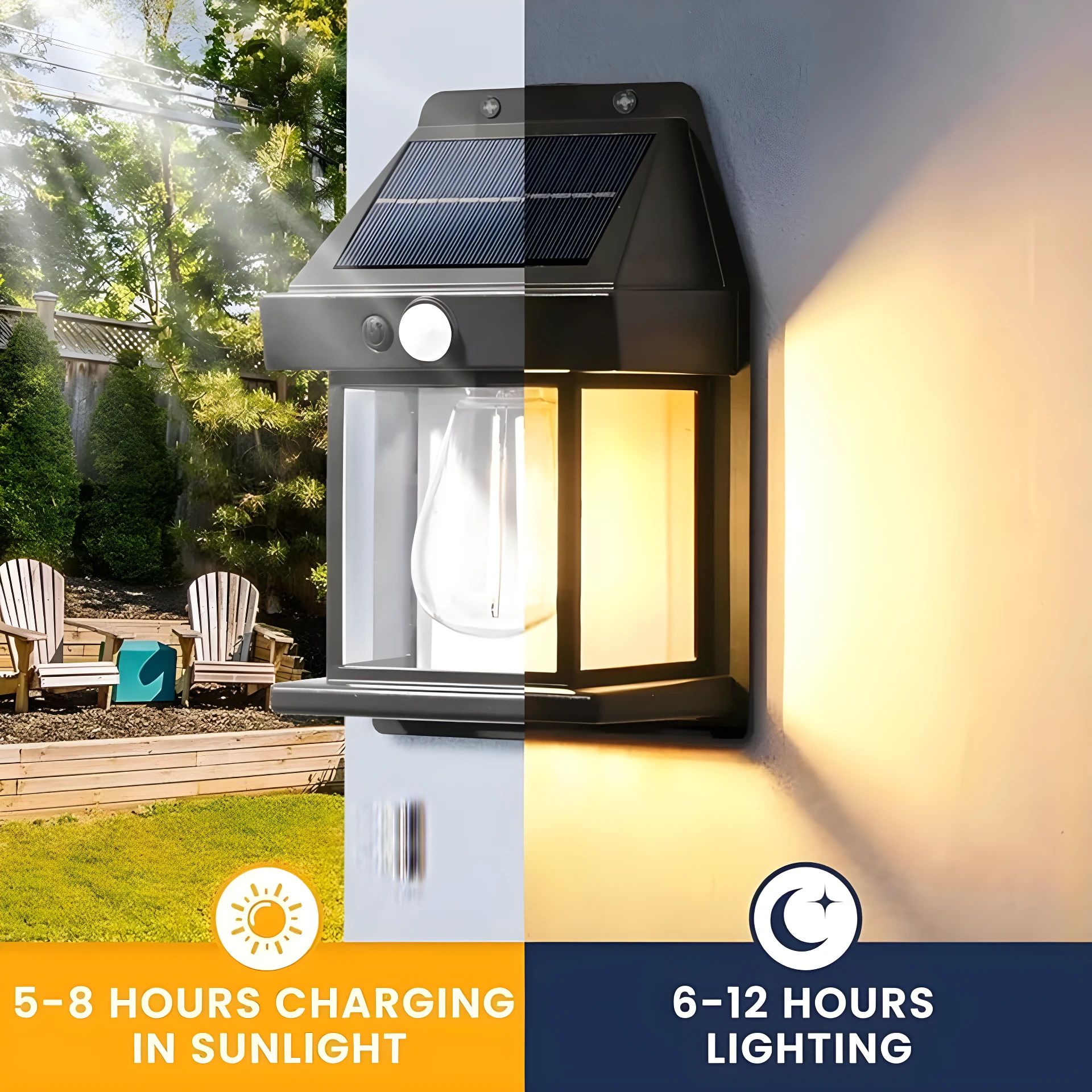 Farol solar de pared exterior negro, ilumina tu jardín con luz cálida por 6-12 horas, carga en 5-8h de sol.