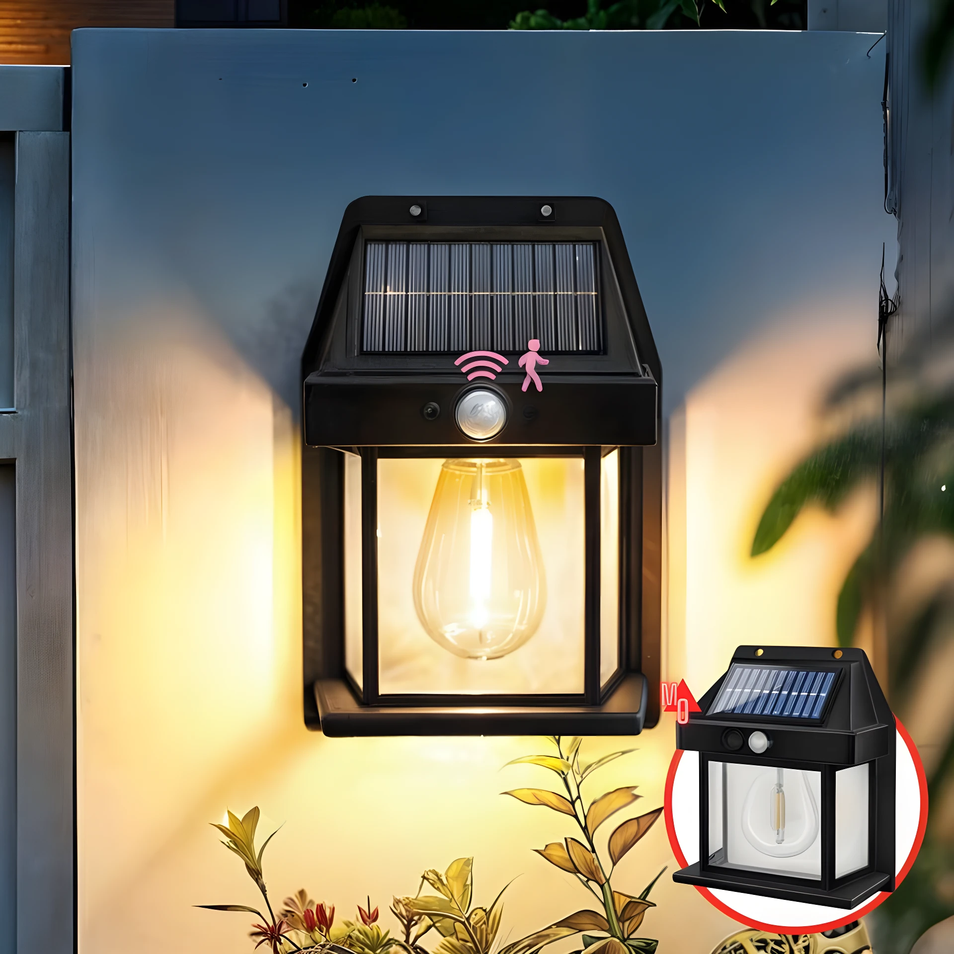 Farol solar negro de pared con bombilla LED y sensor de movimiento para exterior.
