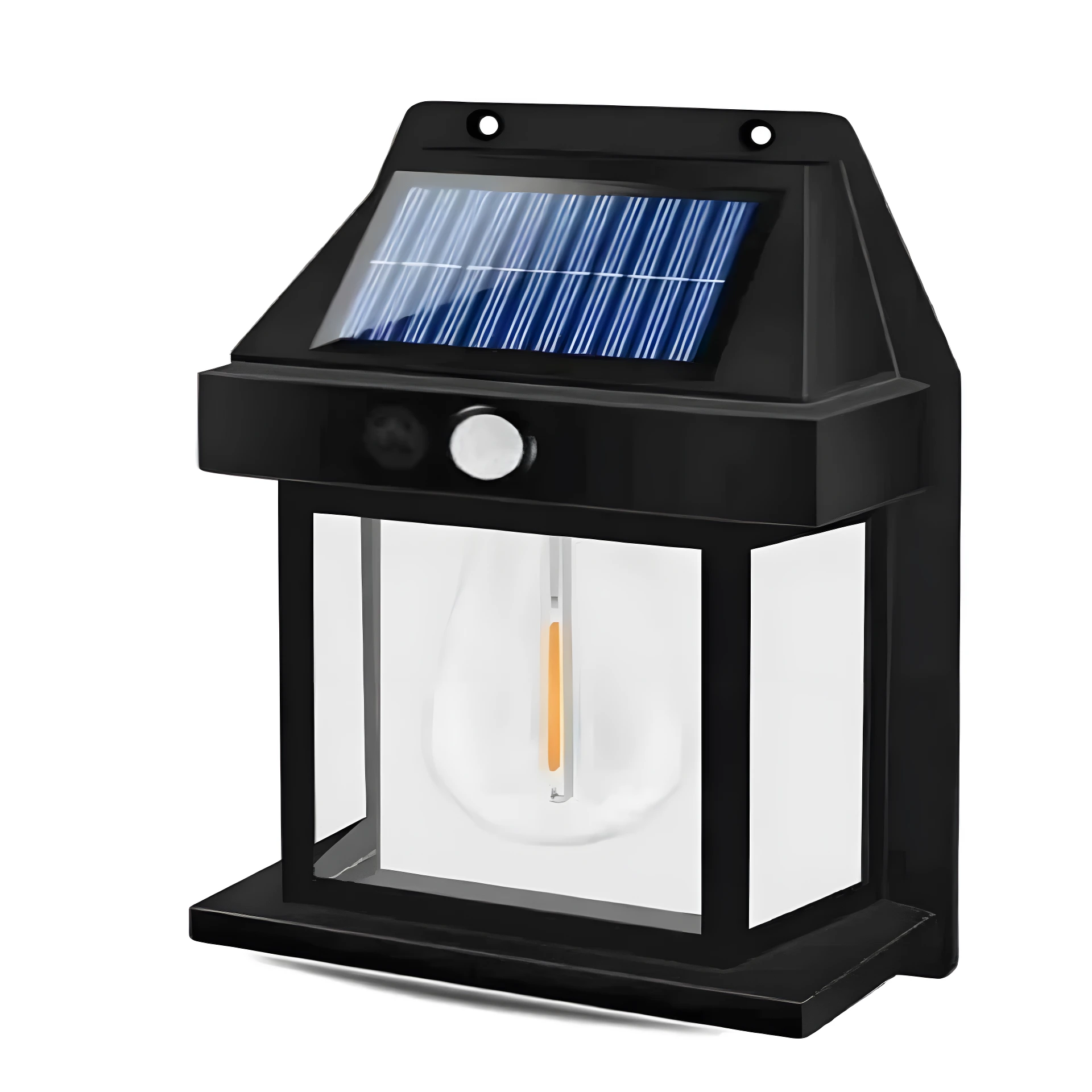 Farol solar de pared negro para exterior con panel solar y sensor de movimiento.
