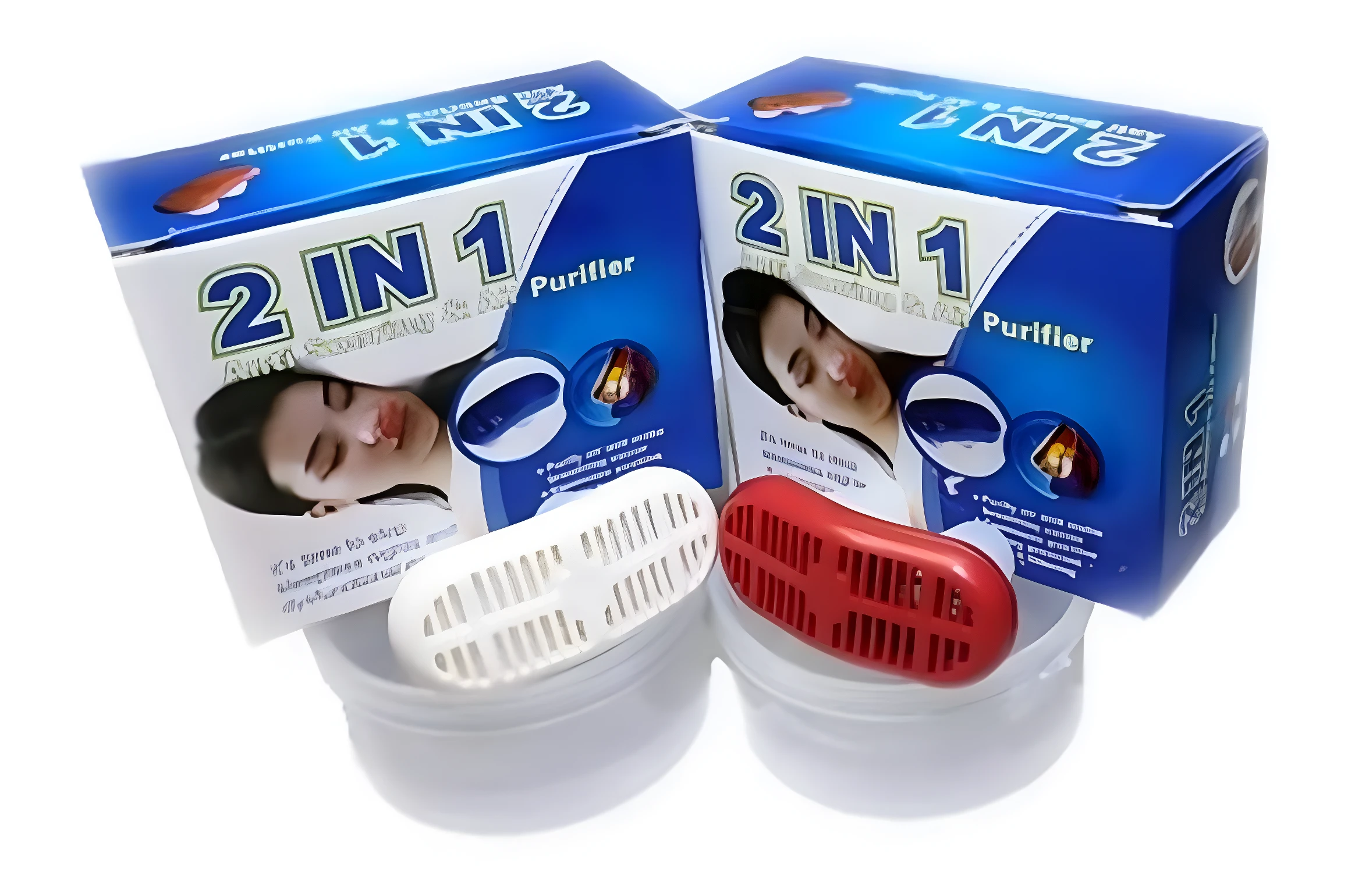 Dos cajas de Filtro Nasal Purificador 2 en 1 con dilatador blanco y rojo tipo rejilla sobre envases blancos.