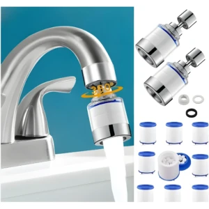 Filtro para llave cromado con giro 360°, ideal para ahorrar agua. Pack con accesorios.