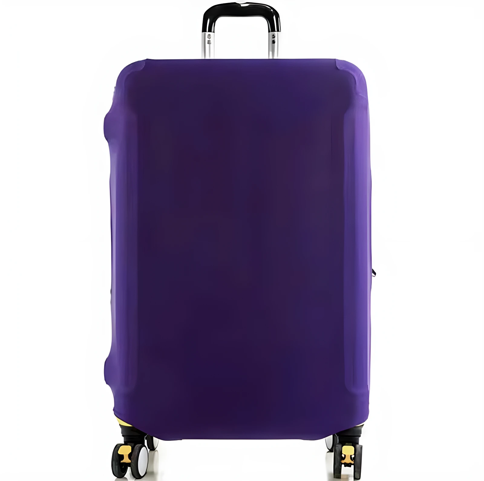 Funda elástica para maleta de viaje color morado oscuro cubriendo el cuerpo de una maleta de ruedas, dejando ver el asa y el sistema de rodachines.