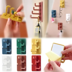 Ganchos giratorios adhesivos multiusos en varios colores para organizar accesorios sin dañar paredes.