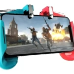 Gatillo para celular AK-16 rojo y azul con pantalla de juego acción.