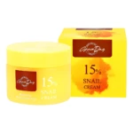 Crema Snail Cream 15% Grace Day en tarro y caja amarilla brillante, indica beneficios de blanqueamiento y mejoramiento de arrugas.