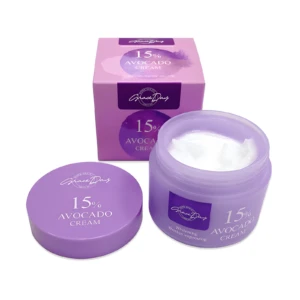 Crema de Aguacate 15% Grace Day abierta, con tapa morada y caja morada. Contenido blanco visible.