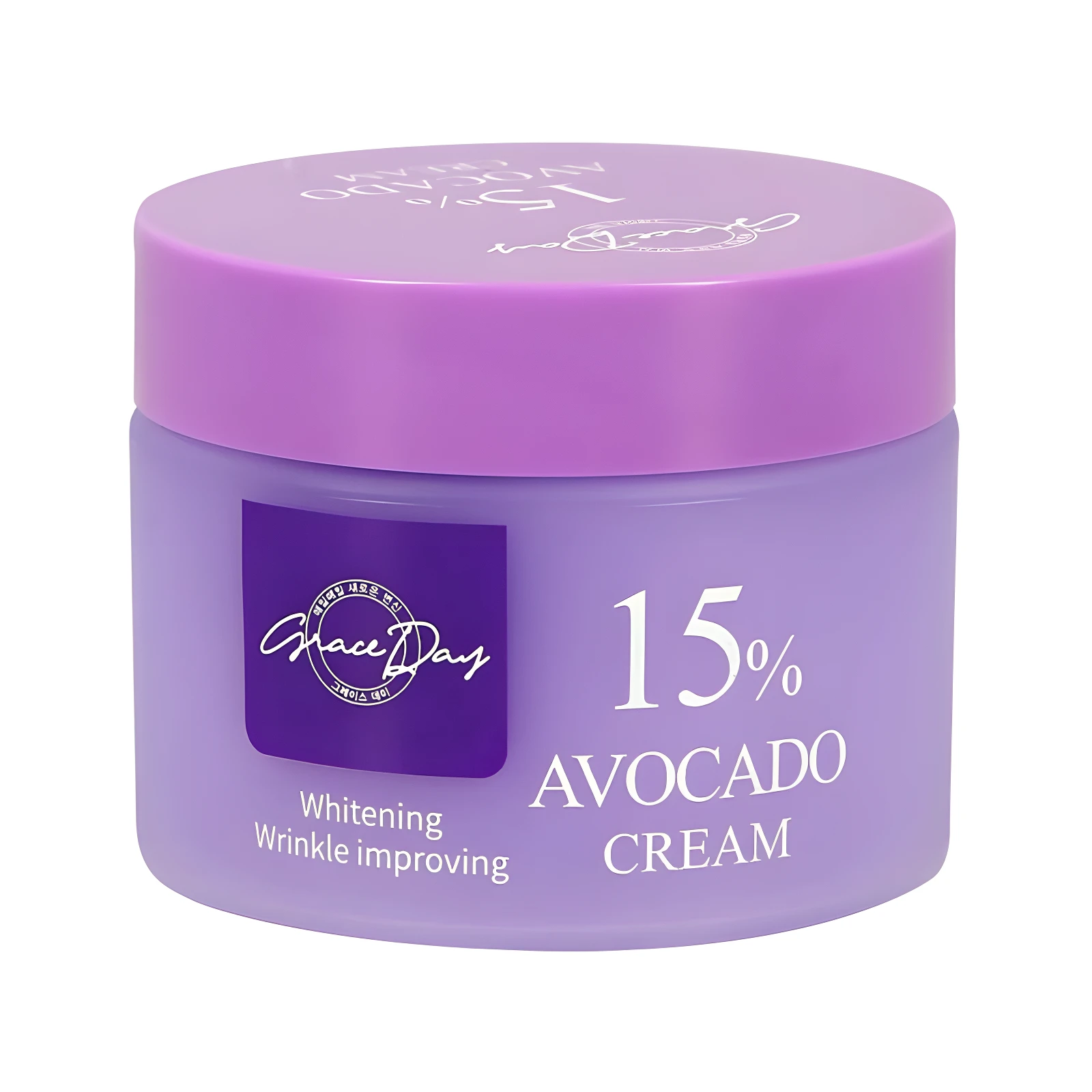 Crema facial Grace Day 15% Aguacate en envase redondo lavanda con tapa morada, enfocada en blanqueamiento y mejora de arrugas.