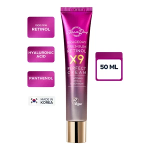 Tubo de crema facial Grace Day Premium Retinol X9, color fucsia/morado, 50 ML, con Retinol 1000 PPM, Ácido Hialurónico y Pantenol. Hecho en Corea.