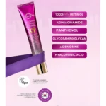 Crema Grace Day Premium Retinol X9 en tubo morado, destacando ingredientes: 1000 PPM Retinol, Niacinamida, Ácido Hialurónico. Producto Vegano, Hecho en Corea.