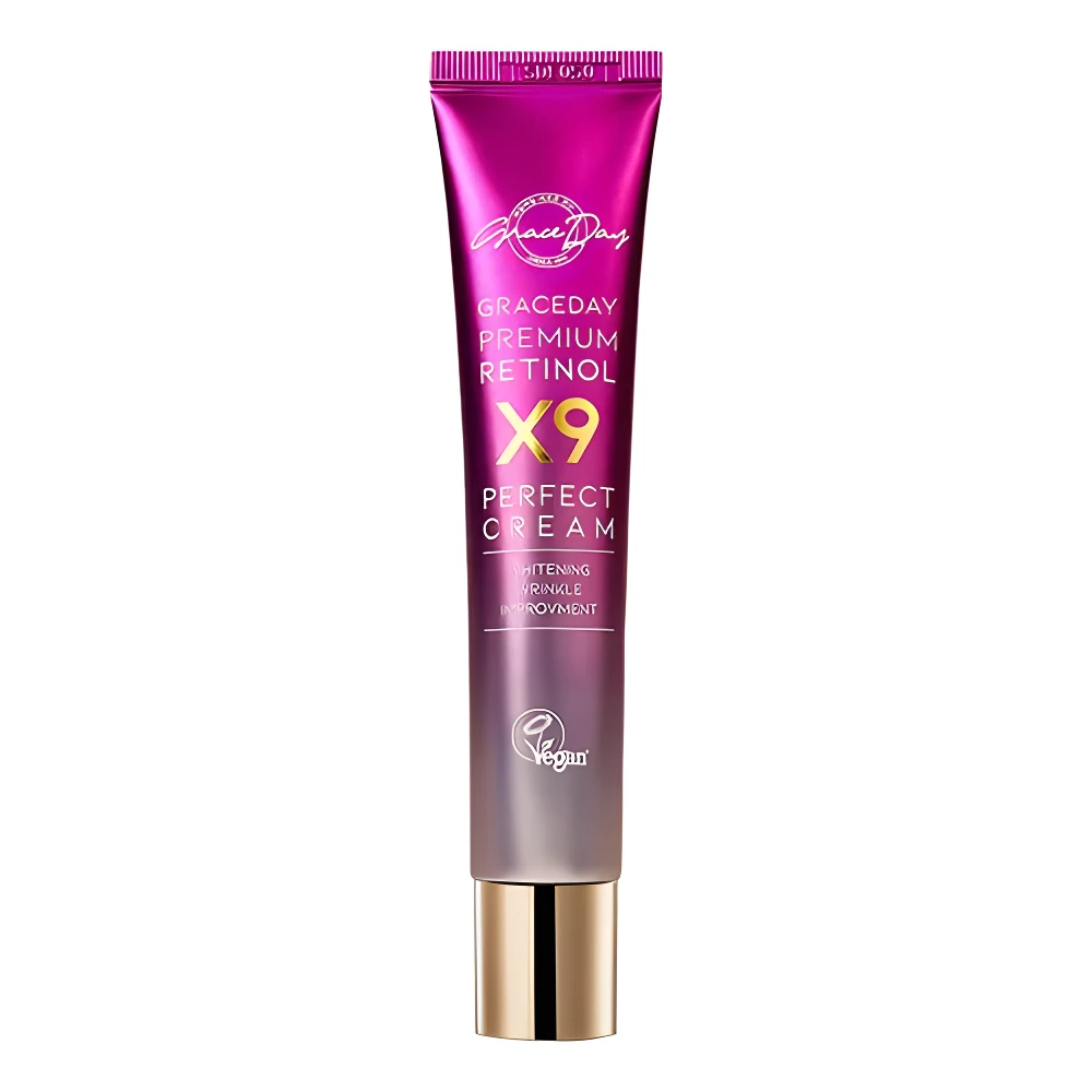 Tubo cosmético Grace Day Retinol X9 Perfect Cream fucsia degradado, vegano, para blanqueamiento y mejoramiento de arrugas.