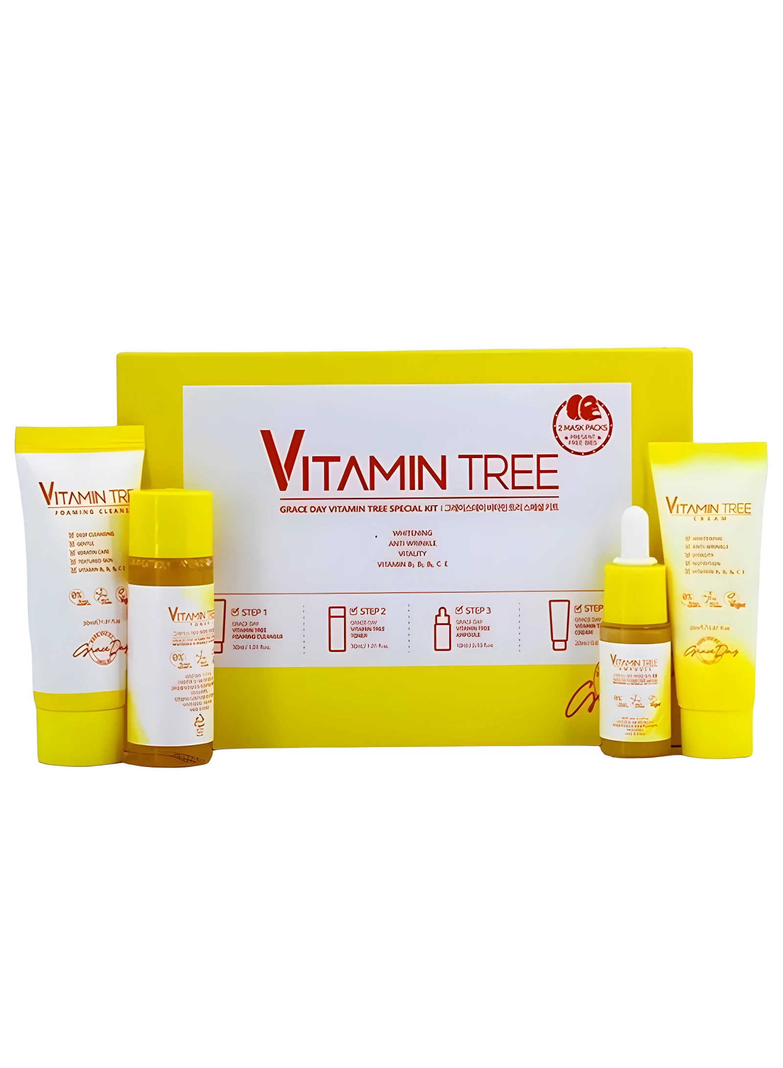 Set especial Vitamin Tree Grace Day con limpiador, tónico, suero, crema y parches, caja amarilla.