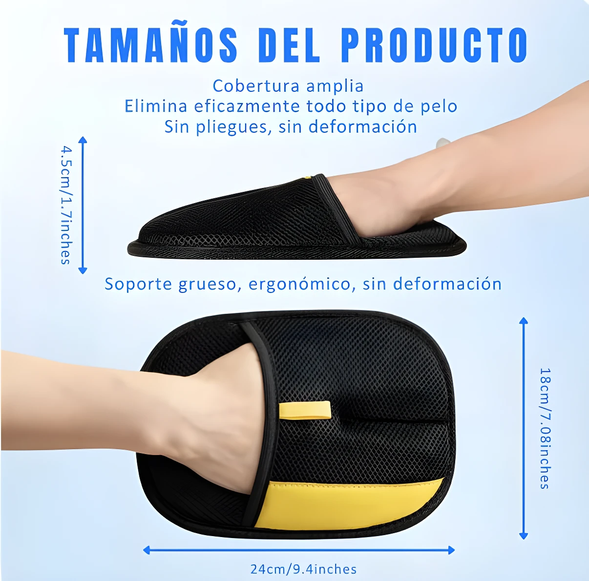 Guante cepillo negro y amarillo para mascotas, 24cm de largo x 18cm de ancho, demostrando su uso y medidas.