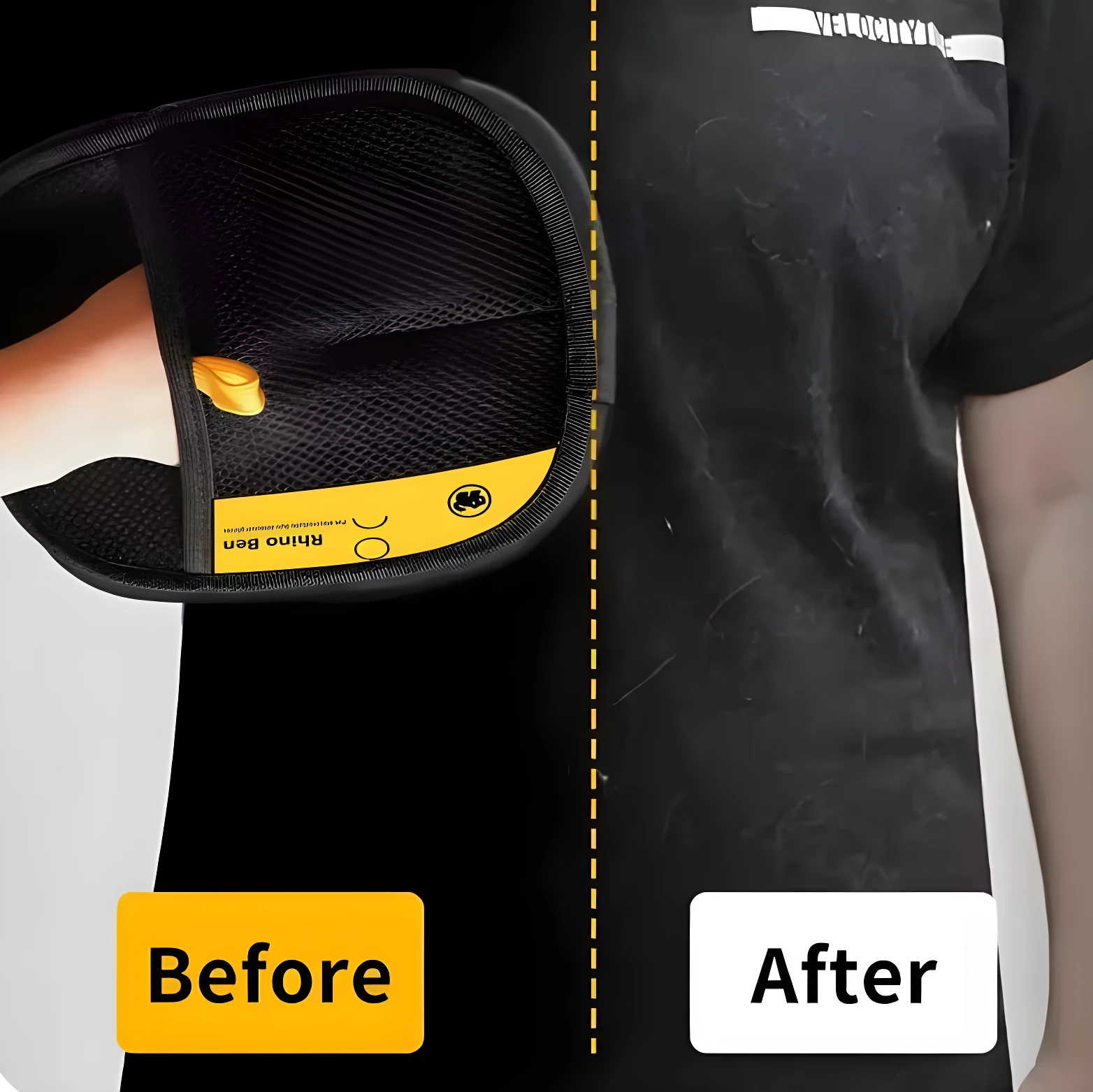 Guante quitapelos Rhino Ben negro demostrando antes y después: la prenda oscura tiene pelusa visible antes y luce limpia después del uso.