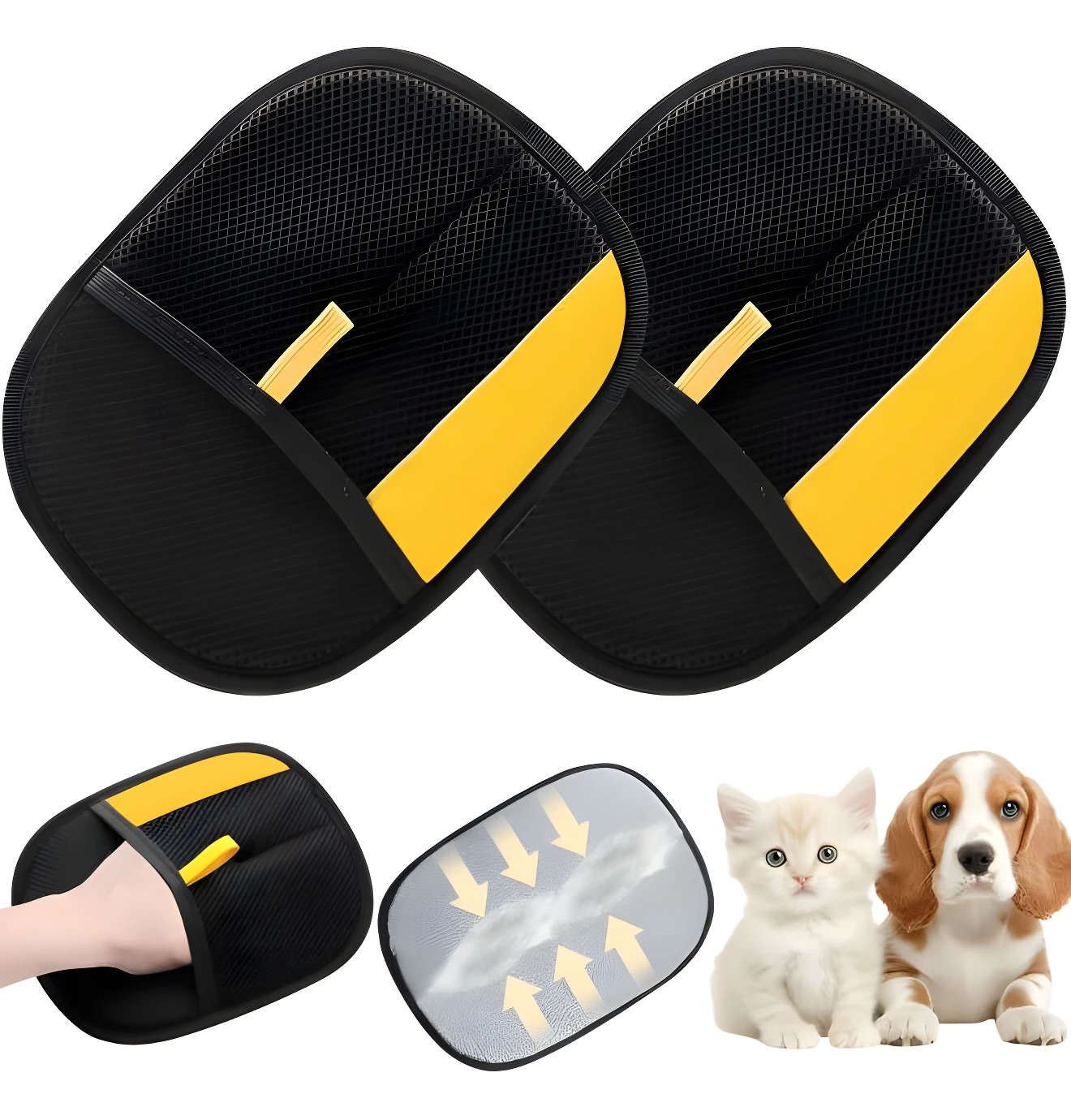 Dos guantes negros de aseo para mascotas con detalles amarillos, junto a un gatito blanco y un cachorro Beagle, y vistas de uso y transpirabilidad.