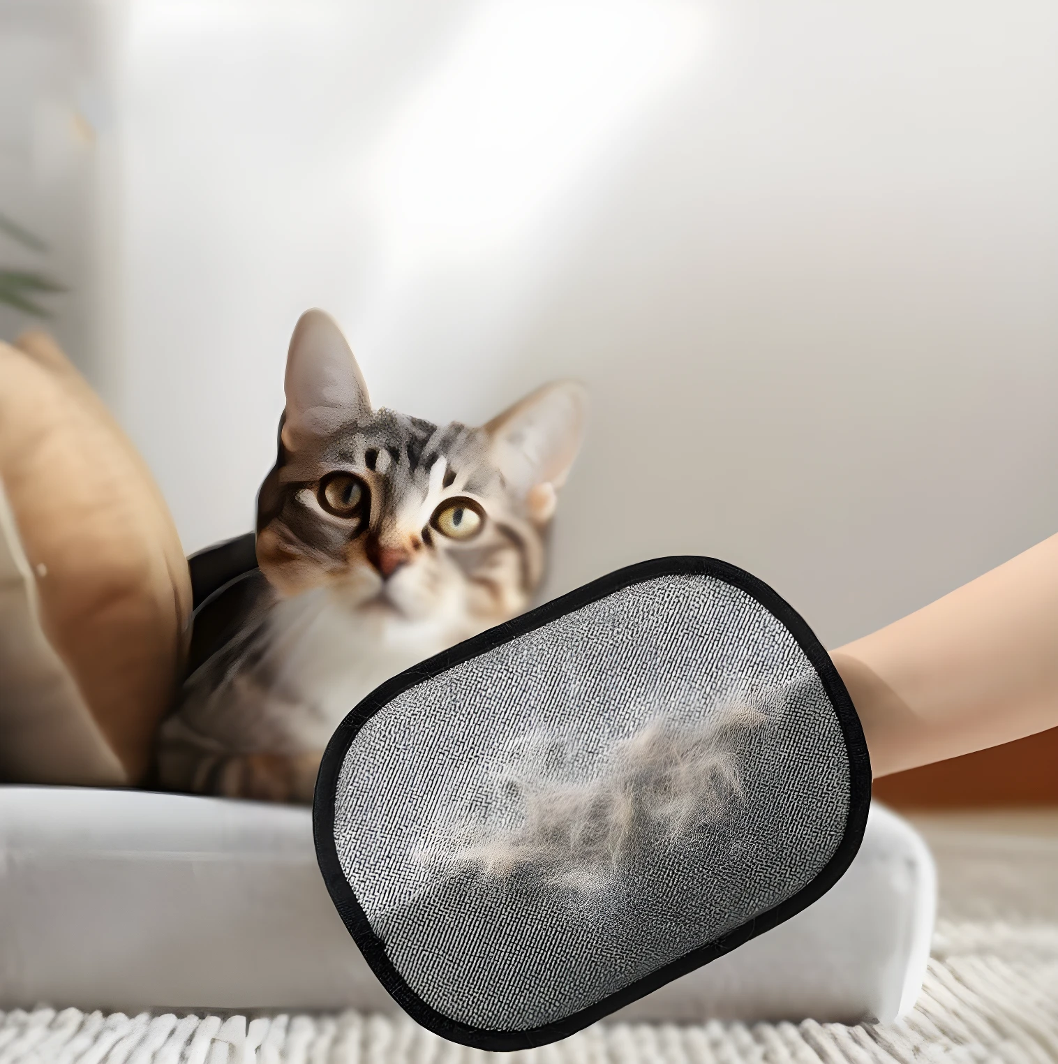 Guante cepillo ovalado negro recogiendo pelo suelto de gato atigrado sobre sofá blanco.