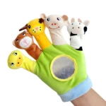Guante títere verde lima con cinco títeres de dedos de animales (pato, perro, oso, cerdo, vaca) y un espejo central de seguridad.