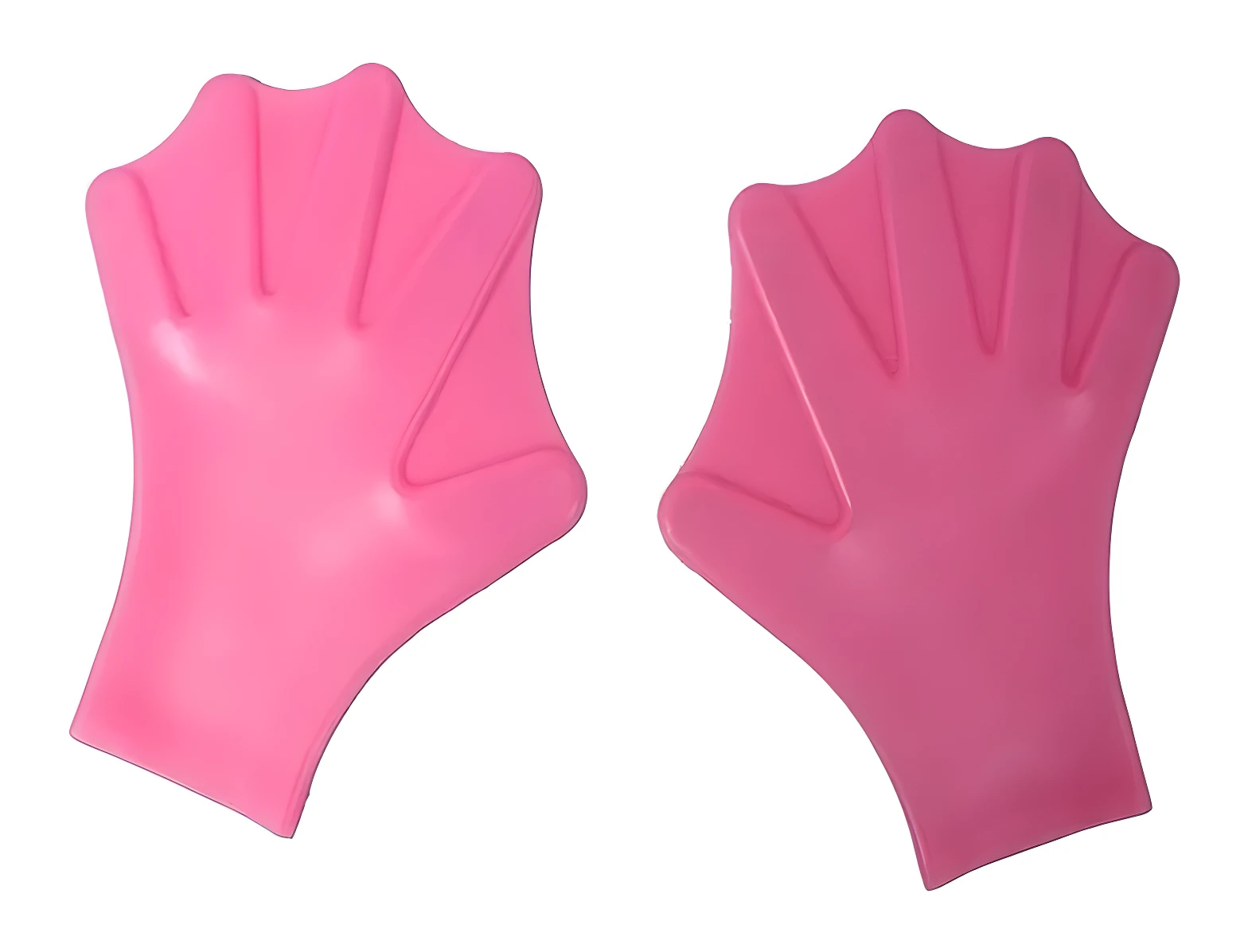 Set de dos guantes palmeados de natación color rosa fucsia, con diseño de mano para entrenamiento acuático.