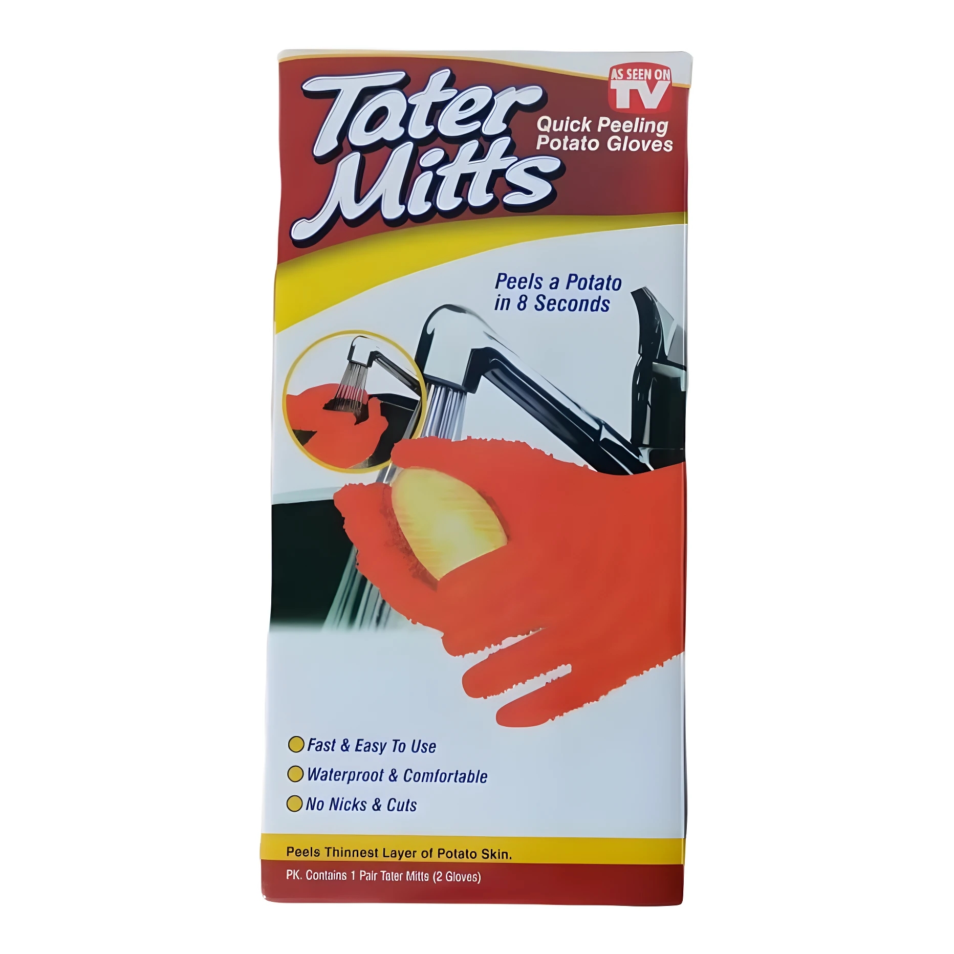 Guantes Tater Mitts naranjas para pelar papas rápidamente bajo el grifo.