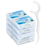 Paquete de 5 cajas de hilo dental con palillo en blanco, cada una con 50 unidades.