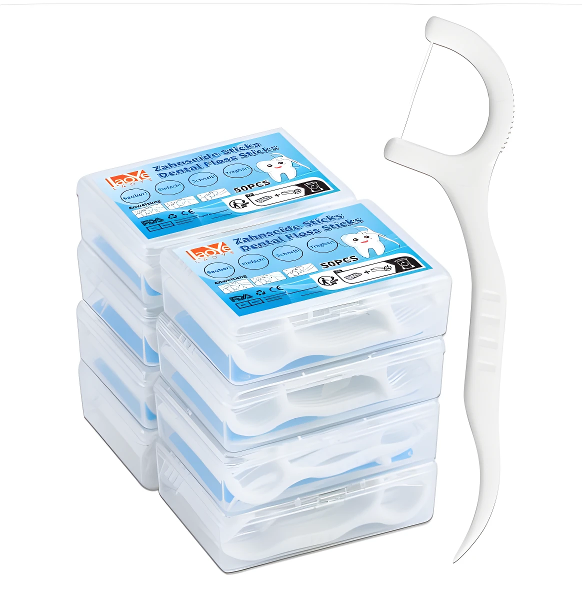 Paquete de 5 cajas de hilo dental con palillo en blanco, cada una con 50 unidades.