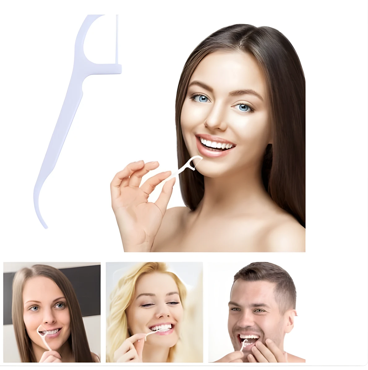 Set de 50 hilo dental con palillo blanco para fácil limpieza interdental y sonrisas saludables.