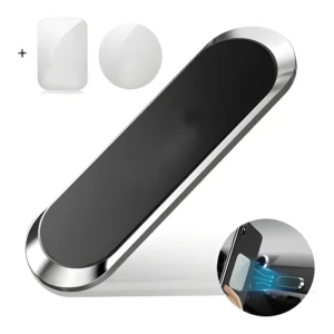 Soporte celular magnético largo negro y plateado, incluye un adhesivo rectangular y uno redondo, con vista de uso en tablero del auto.
