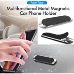 Soporte magnético adhesivo metálico para celular en automóvil, en color plateado y negro, con mano sosteniendo el teléfono.