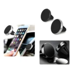 Set de soportes magnéticos negros y plateados para celular en rejilla de aire acondicionado vehicular y accesorios metálicos.