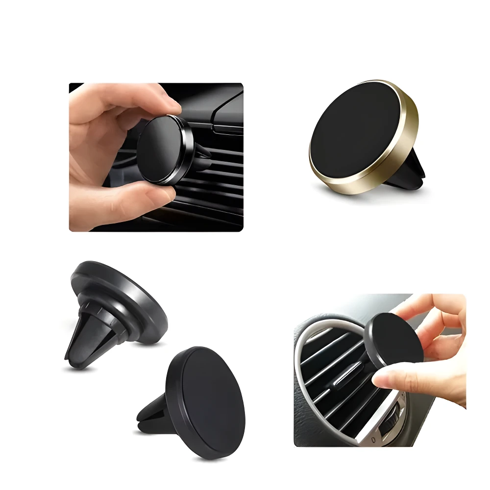 Holder magnético vehicular negro y dorado para ventilas; se muestra en uso y sus componentes.