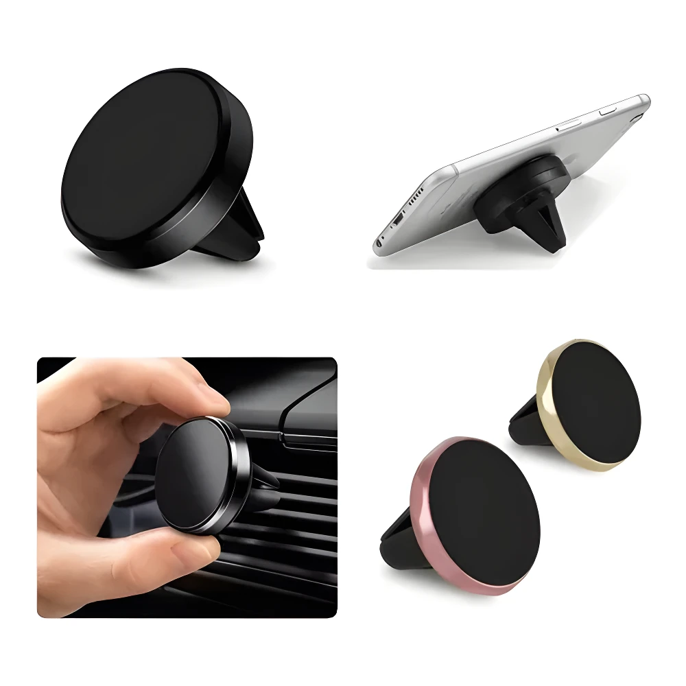 Soporte magnético para celular de ventilación de auto en negro, oro y oro rosa; instalación y uso con teléfono.