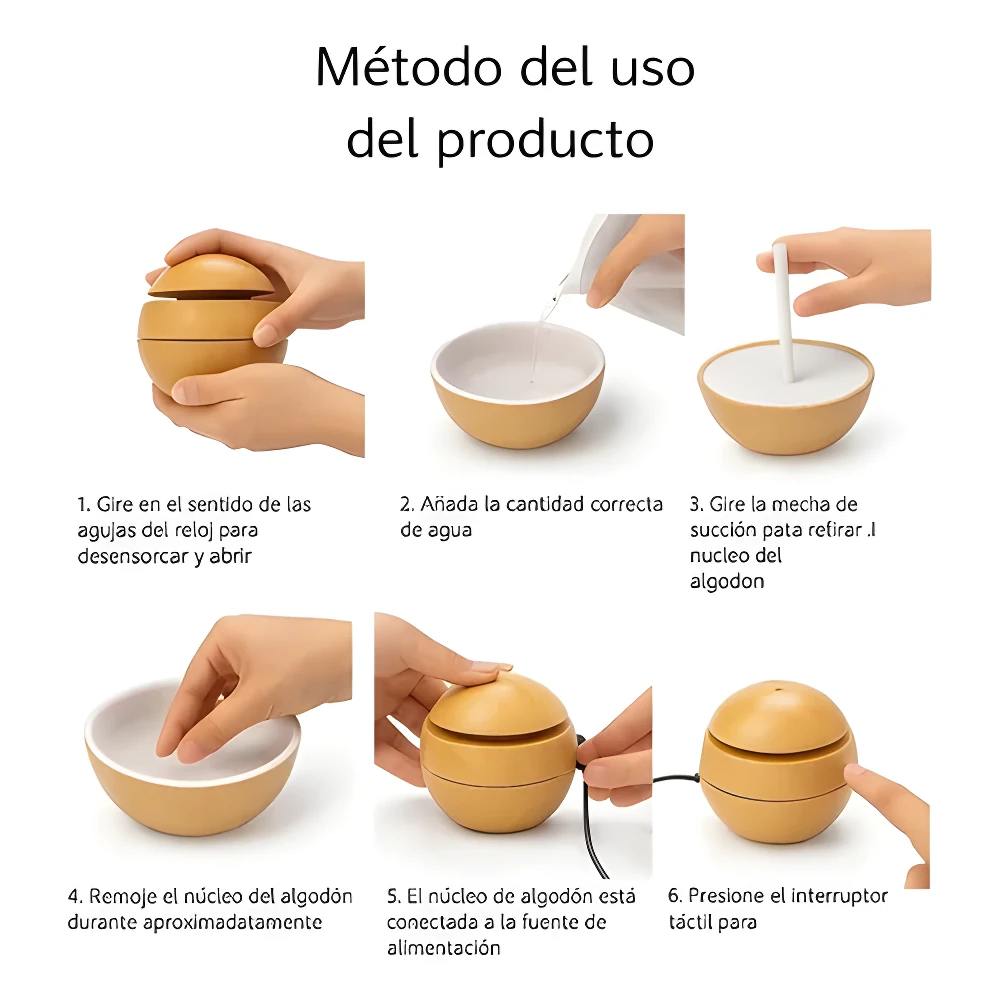 Humidificador ultrasónico difusor de aceites color madera, con luz LED, paso a paso de uso.