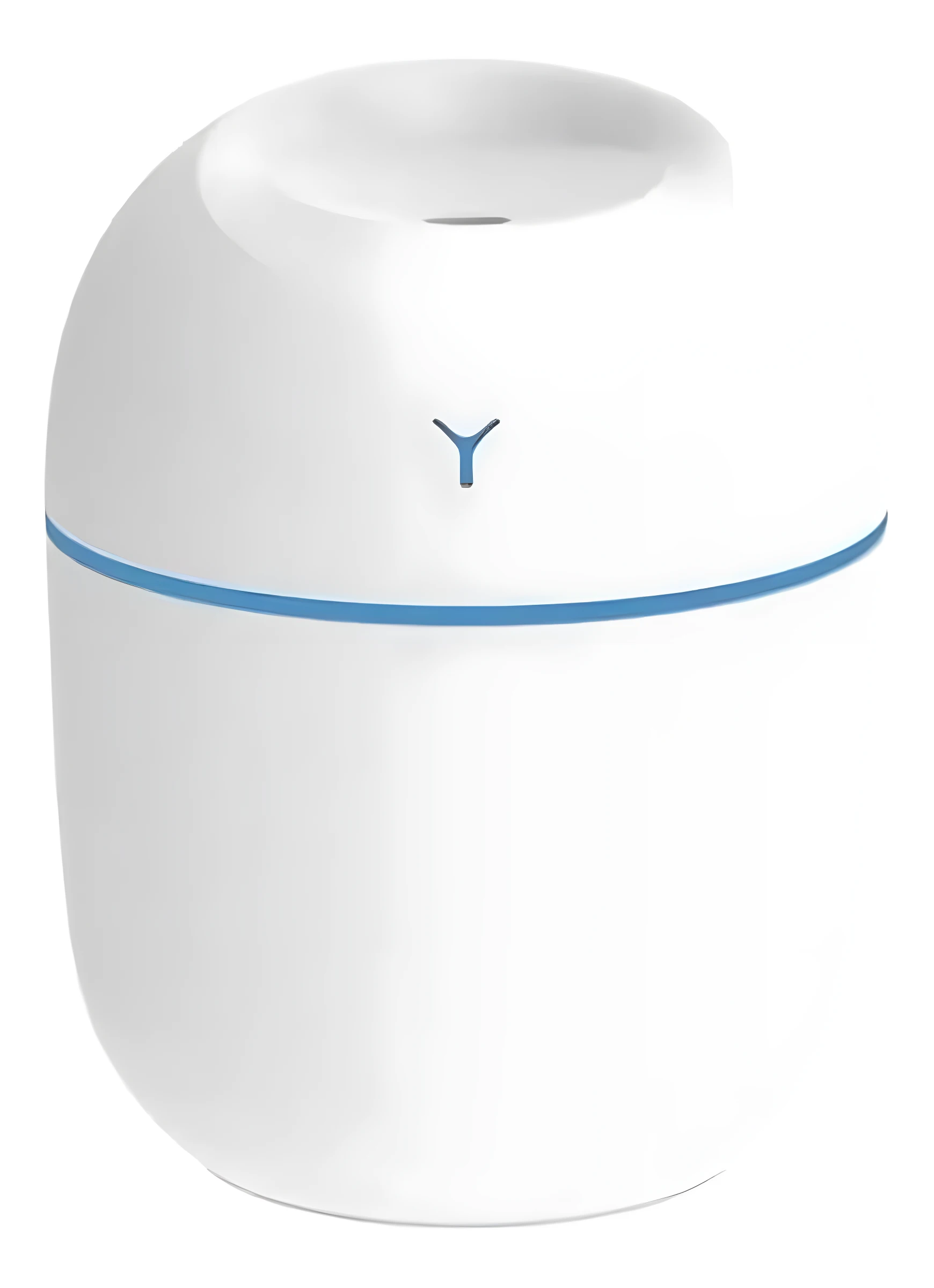 Humidificador ultrasónico blanco, compacto, con luz azul y símbolo "Y", ideal para aliviar sequedad y mejorar el sueño.