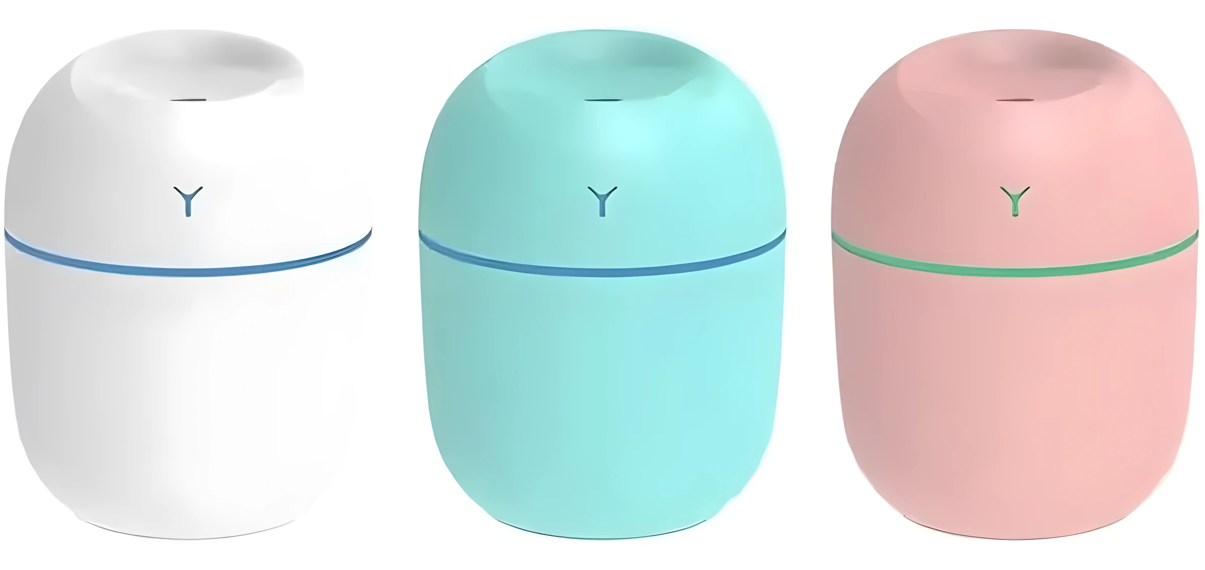 Set x2 humidificadores ultrasónicos mini portátiles en blanco, menta y rosa, para aliviar sequedad y mejorar el sueño.