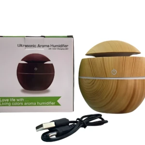 Humidificador ultrasónico diseño madera, forma bola, con cable USB.